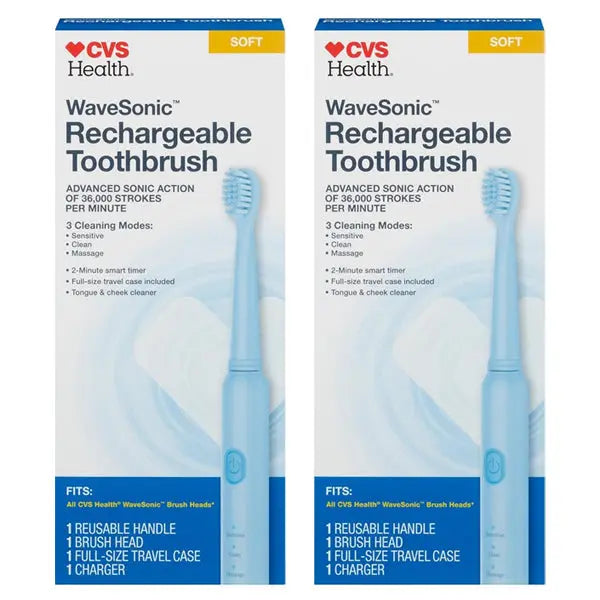 Two boxes of CVS Health WaveSonic Rechargeable Toothbrush Soft Blue, each with a reusable handle, soft head, travel case, charger, 3 cleaning modes, and 36,000 strokes/min. Brand: CVS.